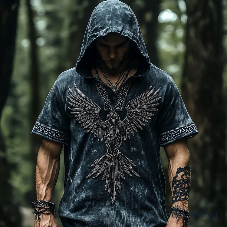 Men's Viking Dark Raven Relief  Celtic Knot Art Tie-dye Pattern Hooded T-shirt