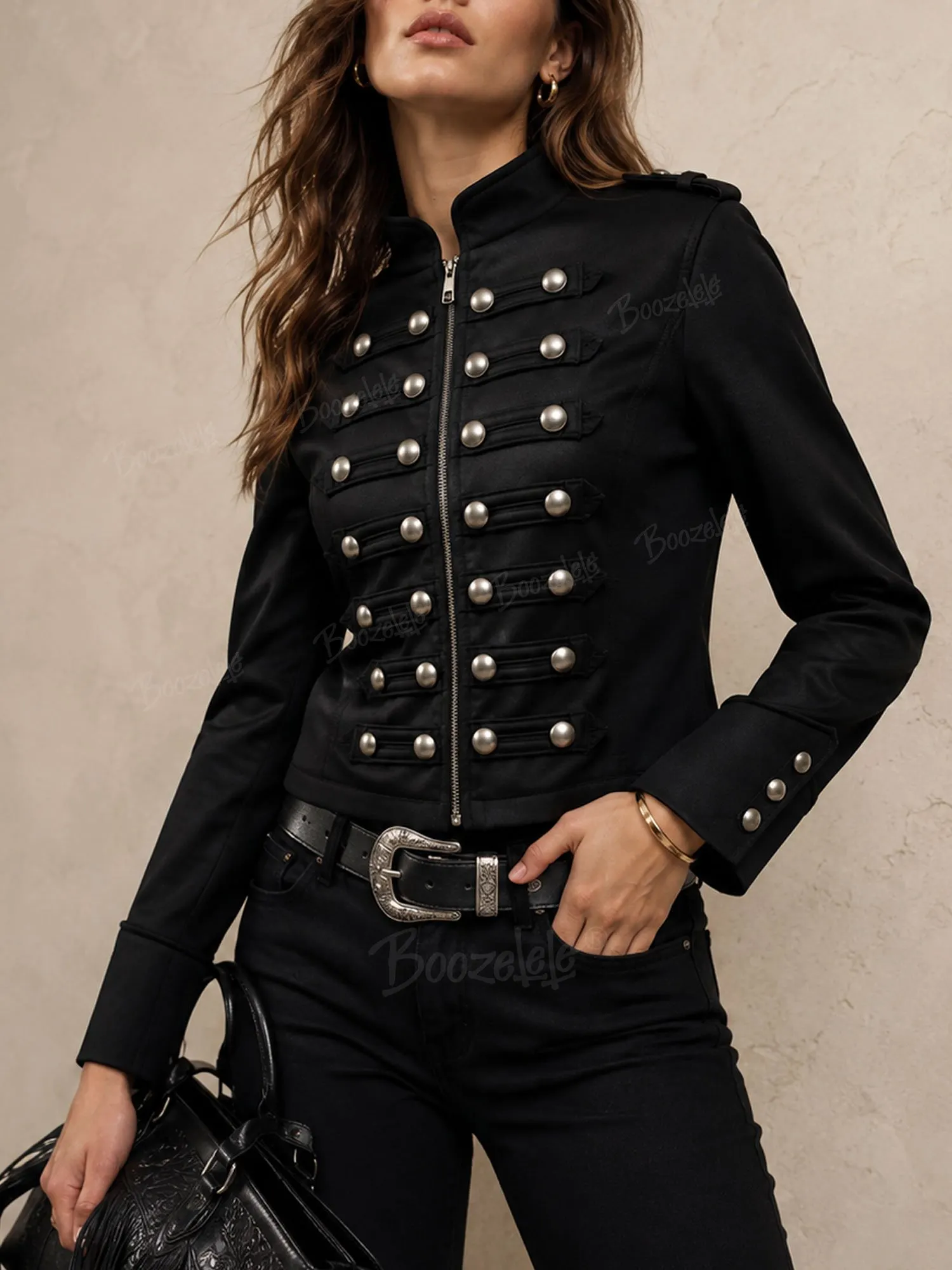 Perfect for a Western Rodeo Championship &mdash; Black Metal Button Braided Detail Cotton 2026 Autumn Military Jacket for Women