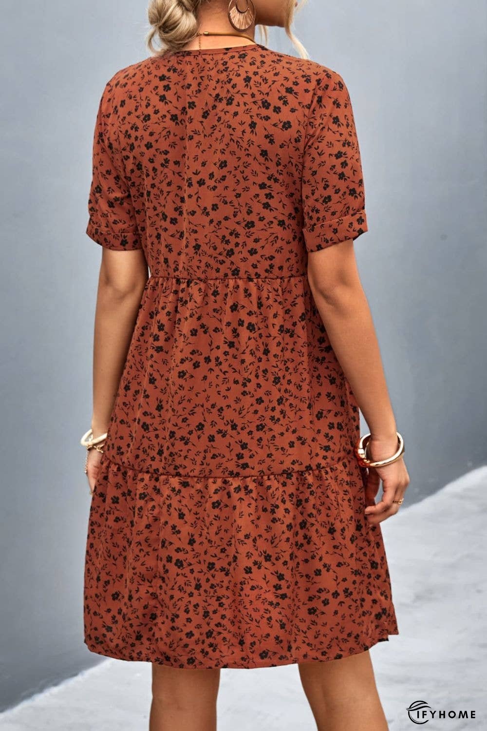 Ditsy Floral Empire Waist Plunge Short Sleeve Dress | IFYHOME