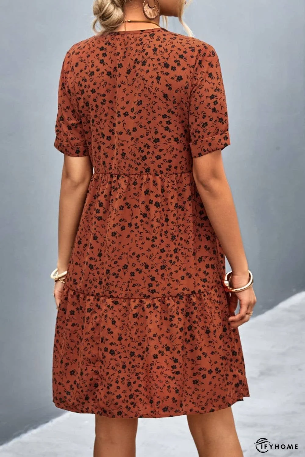 Ditsy Floral Empire Waist Plunge Short Sleeve Dress | IFYHOME