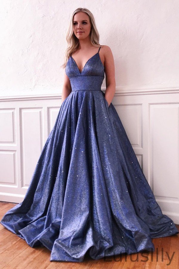 Spaghetti-Straps Stunning Sequins Long Prom Dresses Sleeveless V-Neck - lulusllly