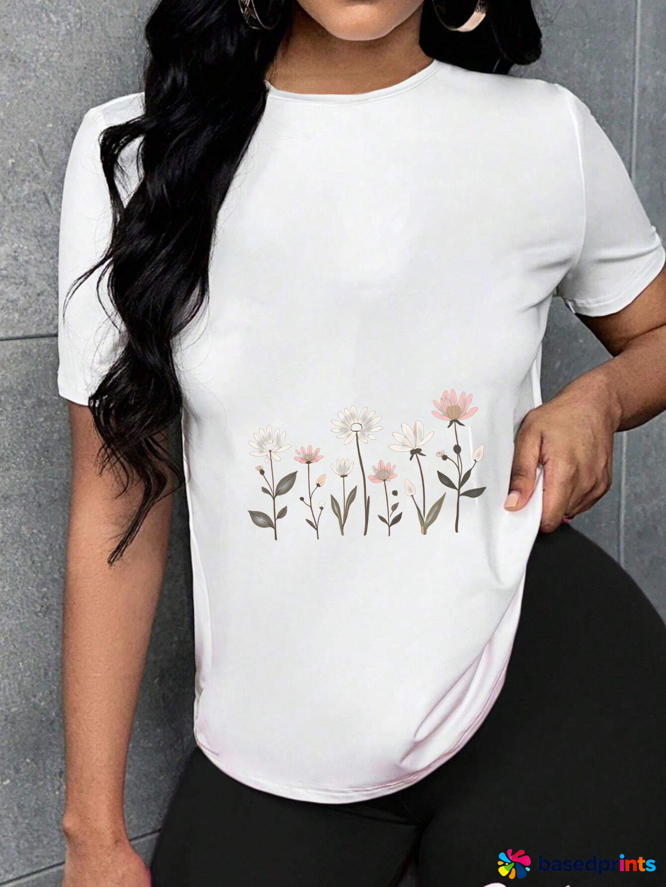 White Short Sleeve T Shirt with Floral Print