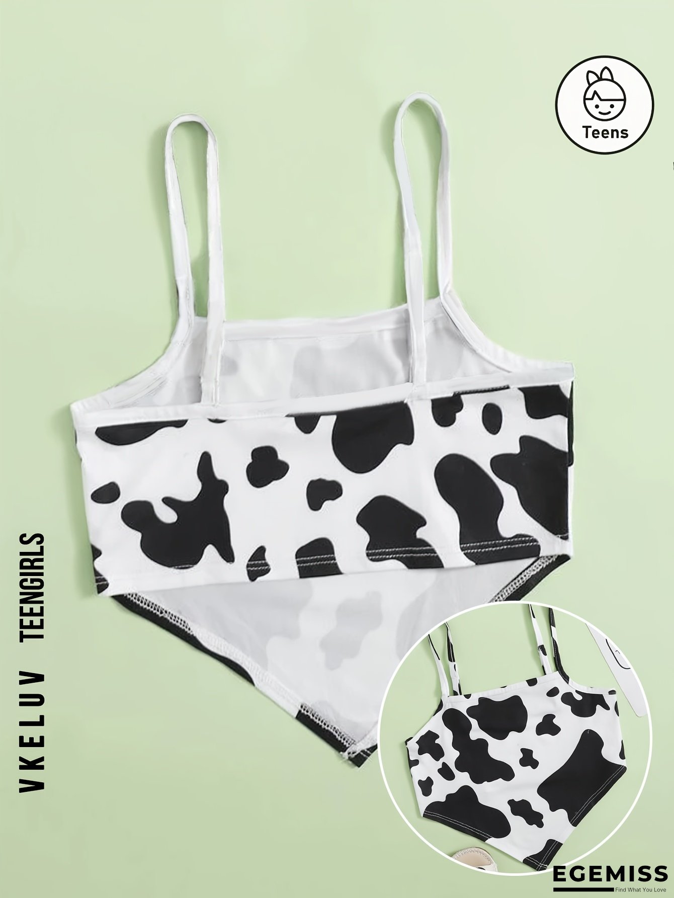 VKELUV Teen Y2K Style Crop Top - Asymmetrical Hem Bandana Spaghetti Strap Cami with Black & White Cow Print, Stretchy Polyester Fabric, Perfect for Casual Outings, Casual Wear Cami | Playful Print Top | Stretchy Fabric, For Teenager, For Teenager | EGEMISS