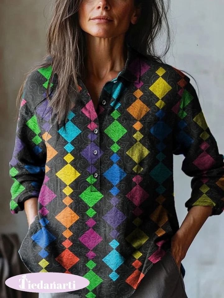 Women's Colorful Geometric Rhombus Art Print Casual Cotton And Linen Shirt