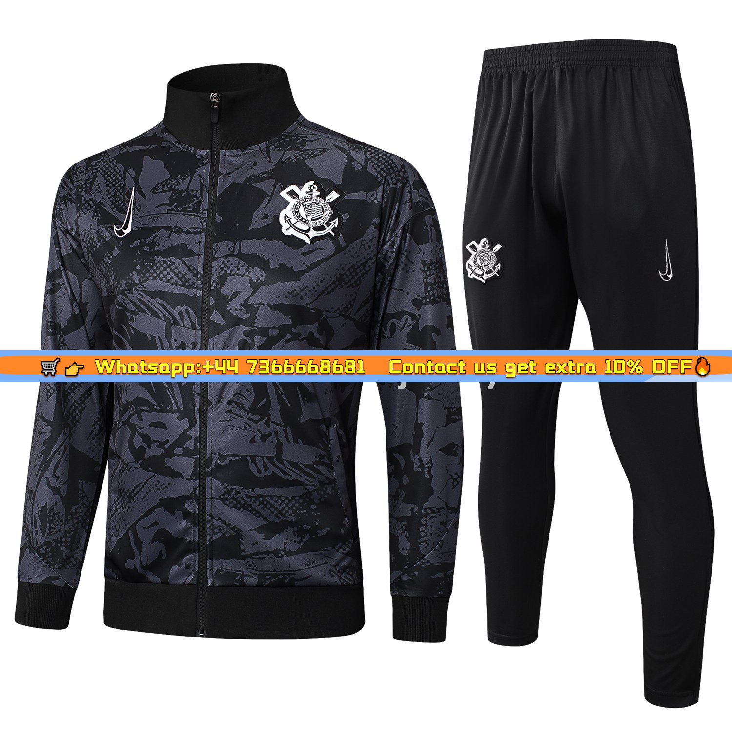 Corinthians 25-26 Jacket Training Tracksuit - Black and Gray Pattern Jackets & Black Pants
