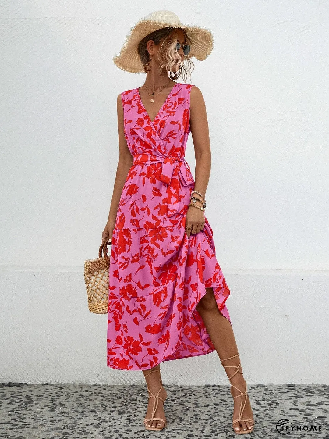 Tied Printed Surplice Tiered Dress | IFYHOME