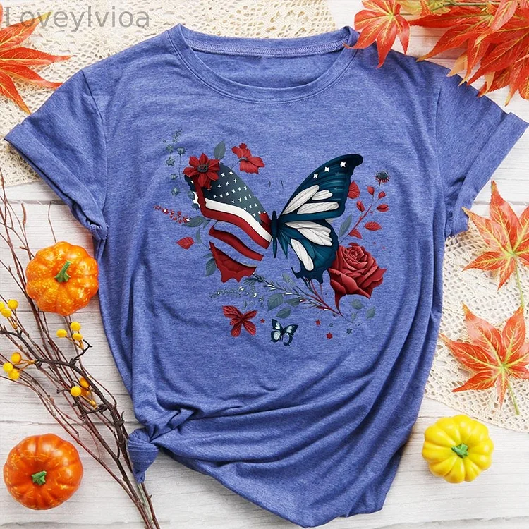 Blooming butterfly flower flag Round Neck T-shirt-0018623
