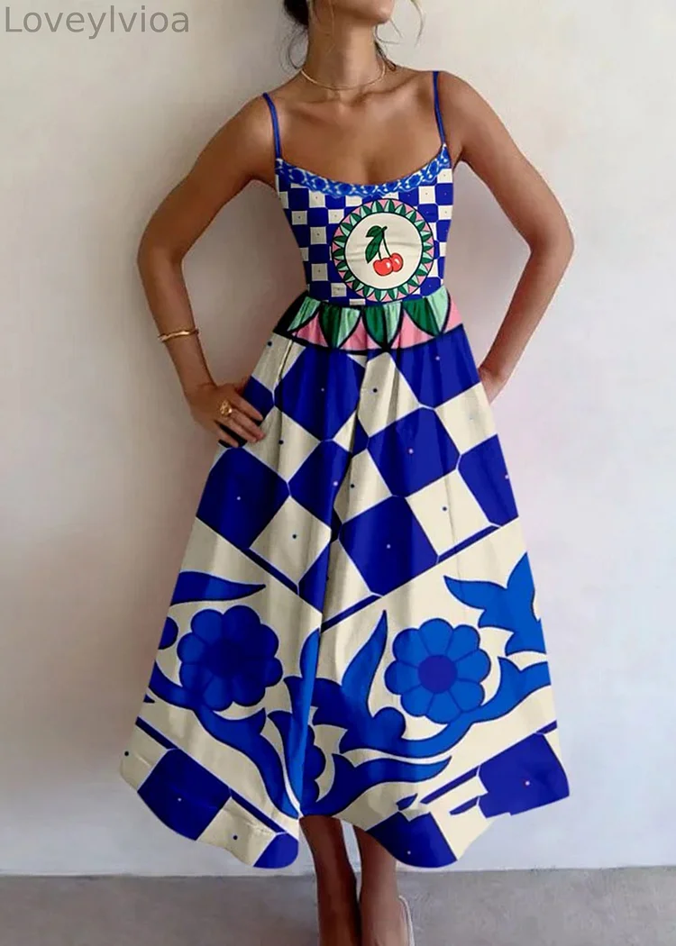 Chequered Cherry Printed Halter Dress
