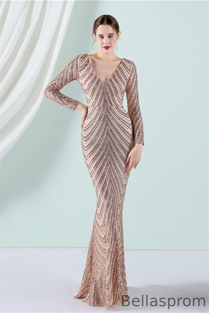 Bellasprom Long Sleeves V-Neck Mermaid Evening Dress Sequins YE0058 Bellasprom