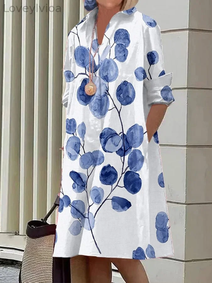 Women's Botanical Print Casual Shirt Dress
