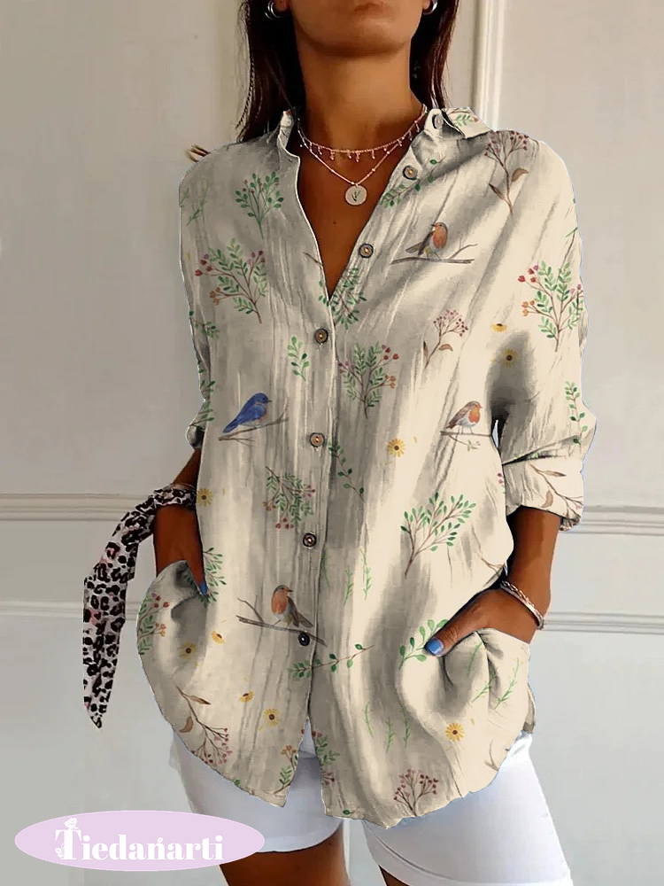 Vintage Branch Bird Casual Long Sleeve Shirt
