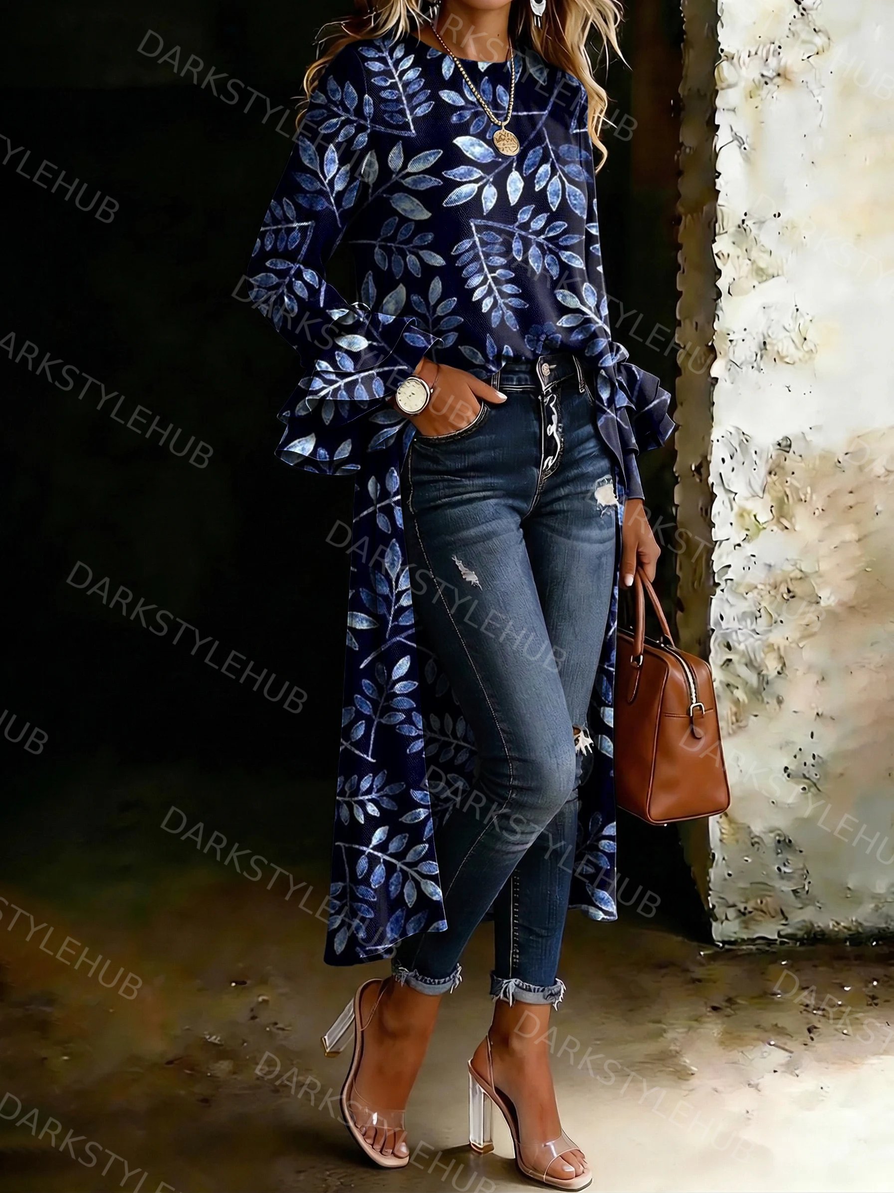 Blue Watercolor Leaf Art Print Casual Crew Neck Ruffled Sleeves Asymmetrical Hem Shirt