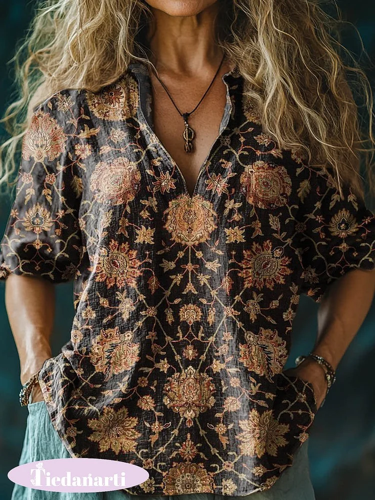 Women's Retro Dark Colored Flowers Print Casual Linen V-neck Shirt