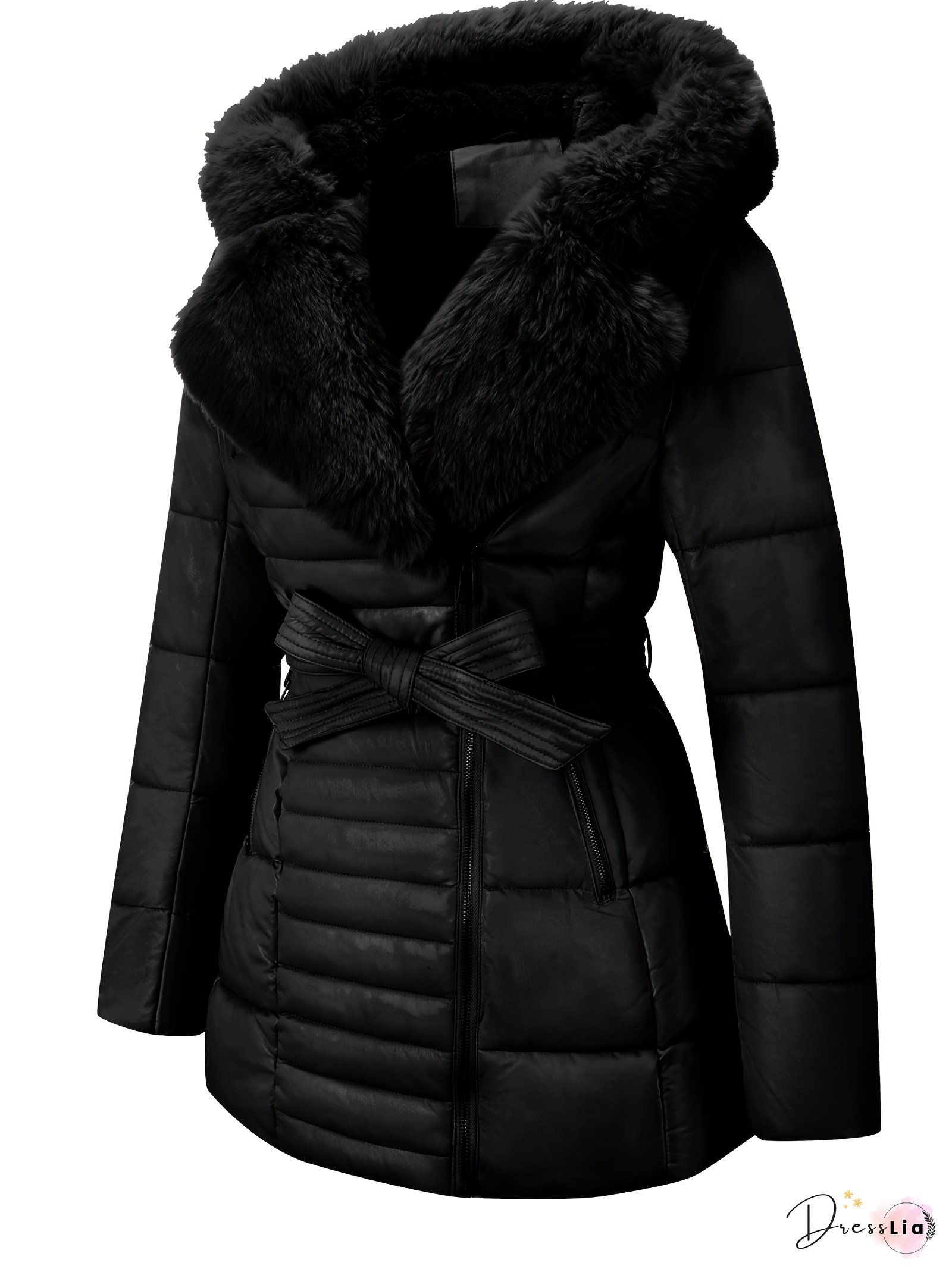 Women's -Lined Puffer Jacket with Hood - Windproof Coldproof Winter Coat, Fur Collar & Waist Belt, Mid-Length Long Sleeve Outerwear (Black/Dark Brown) - Hand Washable Jacket for Skiing, Snowboarding & Extreme Cold, Winter Jacket For Women