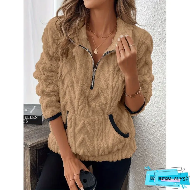 Womens Fleece Half-Zipper Sweater with Large Pocket Soft Warm Full-Zip Closure Machine
