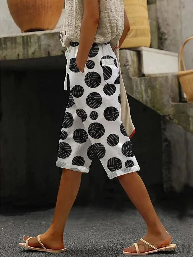 Women's Geometric Polka Dot Design Lace-Up Elastic Waist Loose Casual Pants