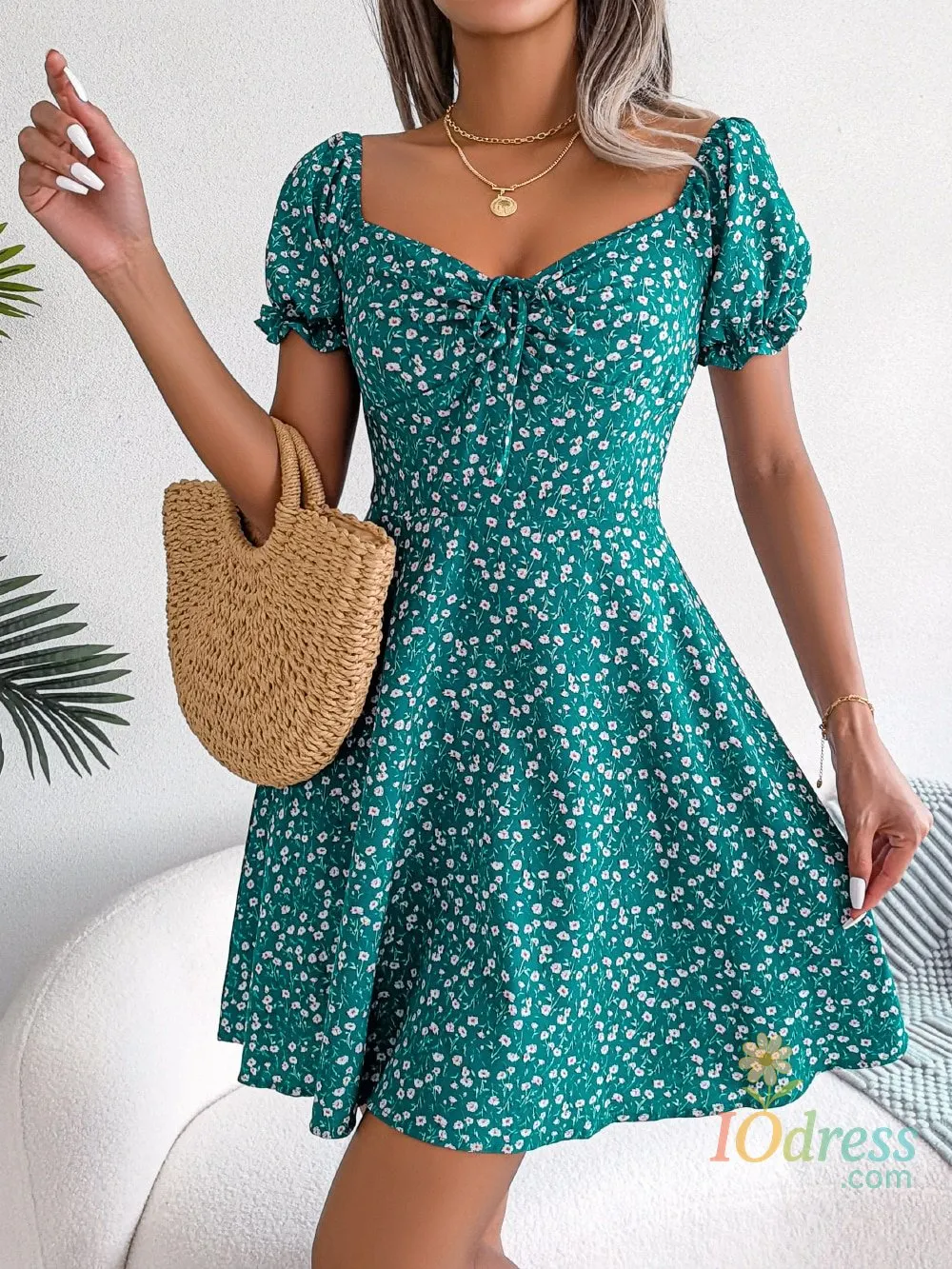 IO Dress Women Casual Ruffles Short Sleeve Floral Print A Line Dress IO Dress Store