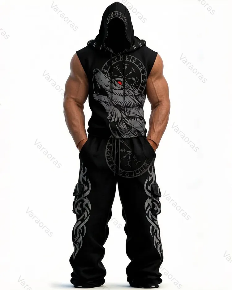 Men's Viking-Style Color-Block Embroidered Hooded Sleeveless Top and Pants Two-Piece Set 3338
