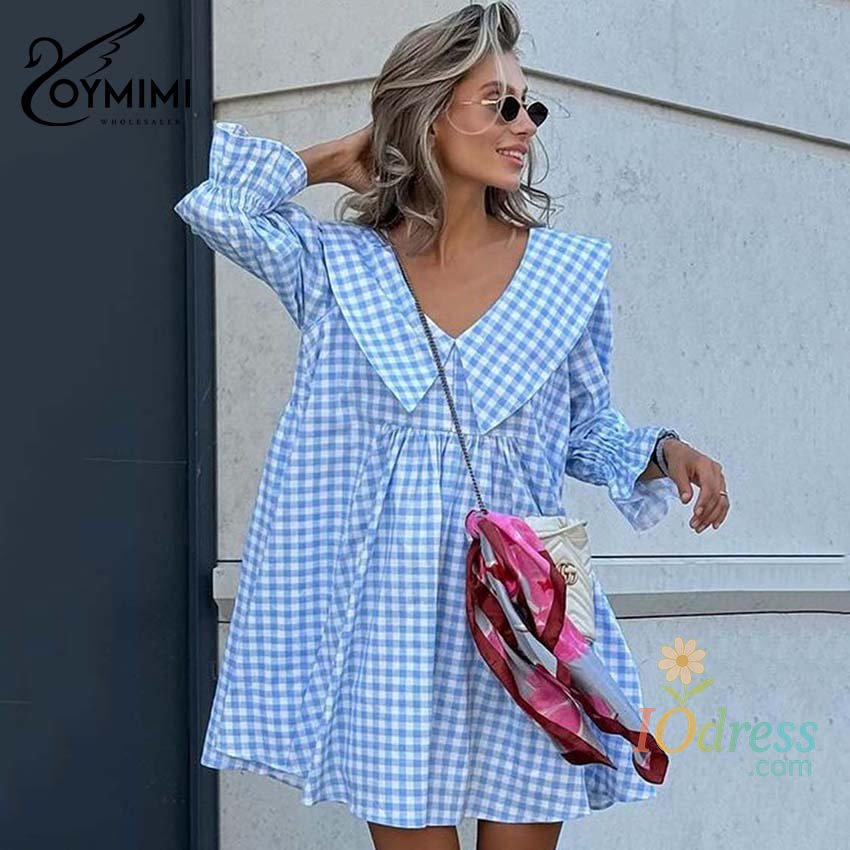 IO Dress Oymimi Elegant Blue Cotton Dresses 2024 Women Fashion Print Three Quarter Sleeve Looes Dresses Casual New Pleated Mini Dress