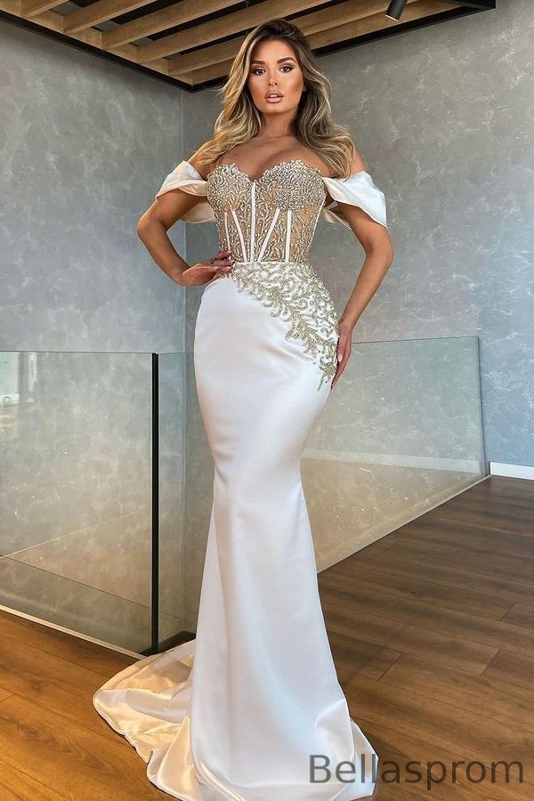 Bellasprom White Off-the-Shoulder Mermaid Evening Dress Long With Beads Bellasprom