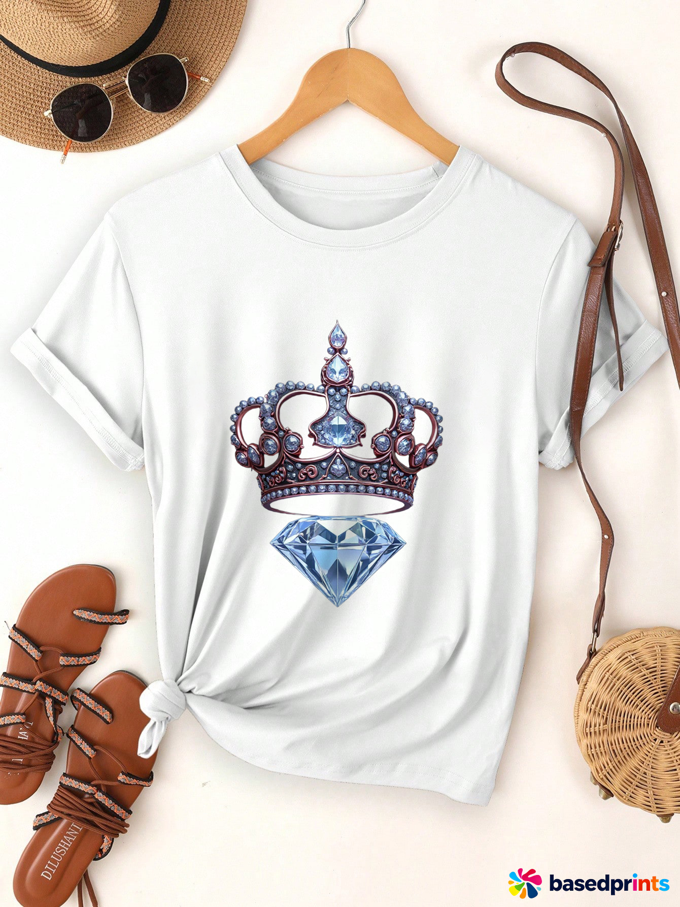 White Crown Diamond T-Shirt Women Casual Short Sleeve Tops