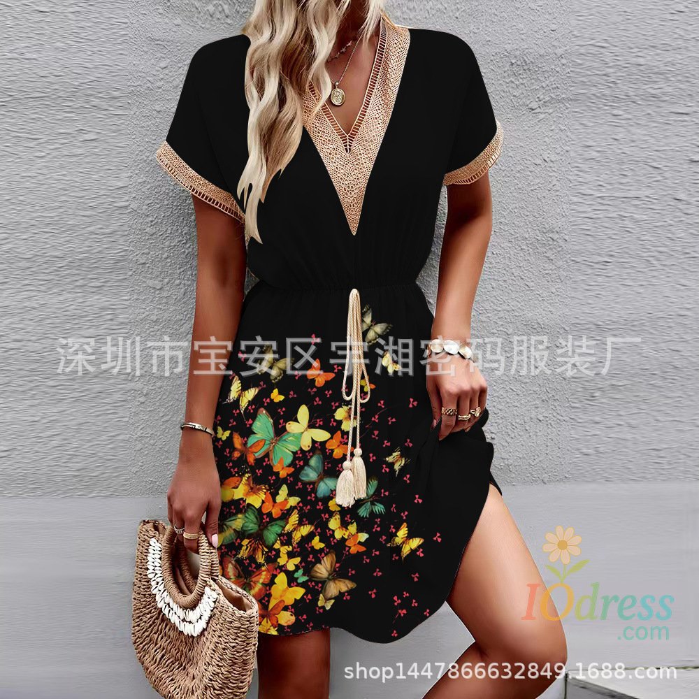 IO Dress Floral Printed Dress Short Sleeve Sexy Deep V Neck Bandage Elastic Waist Dress Women Elegant Soft Cotton Tee Dresses IO Dress