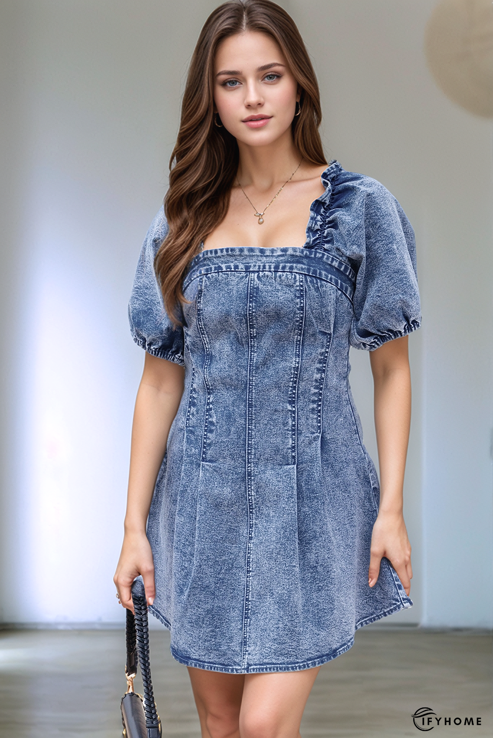 Frilly Square Neck Bustier Puff Sleeve Denim Dress | IFYHOME