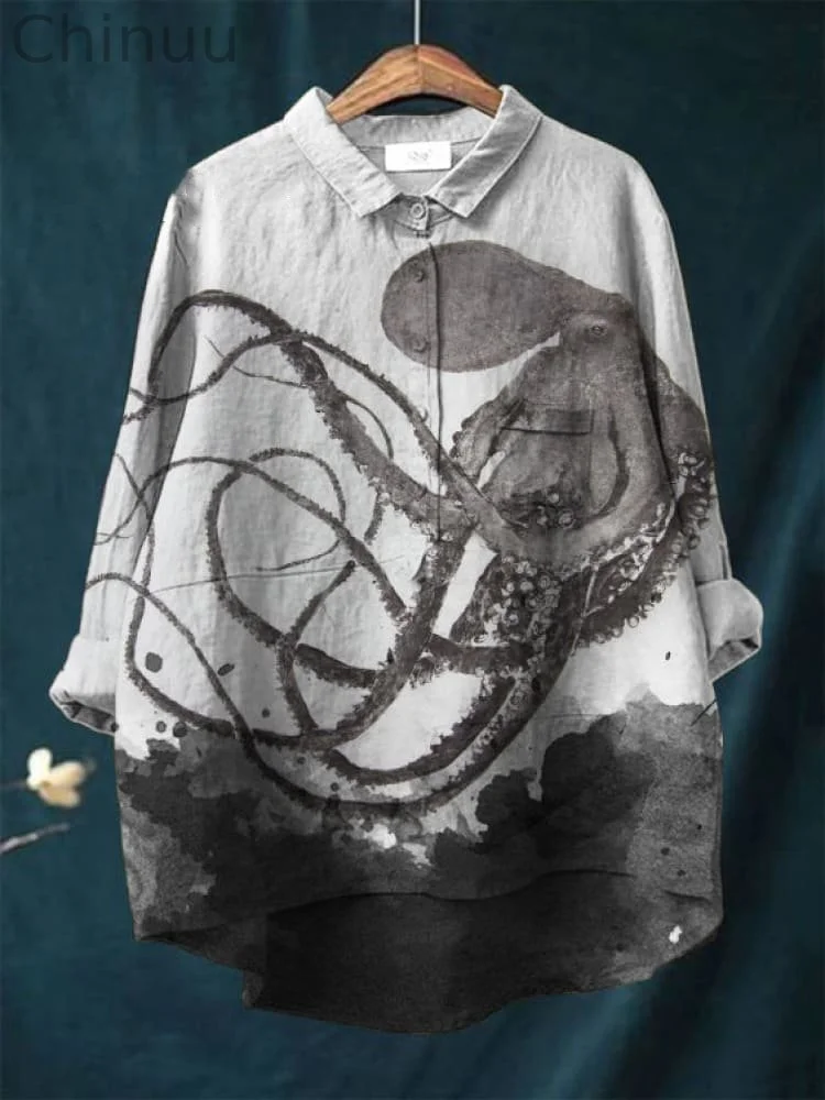 Vintage Japanese Octopus Pattern Art Print Casual Cotton And Linen Shirt