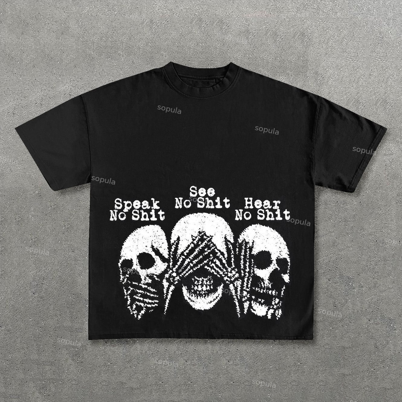 Sopula Speak No See No Hear No Skull Graphic Print T-Shirt