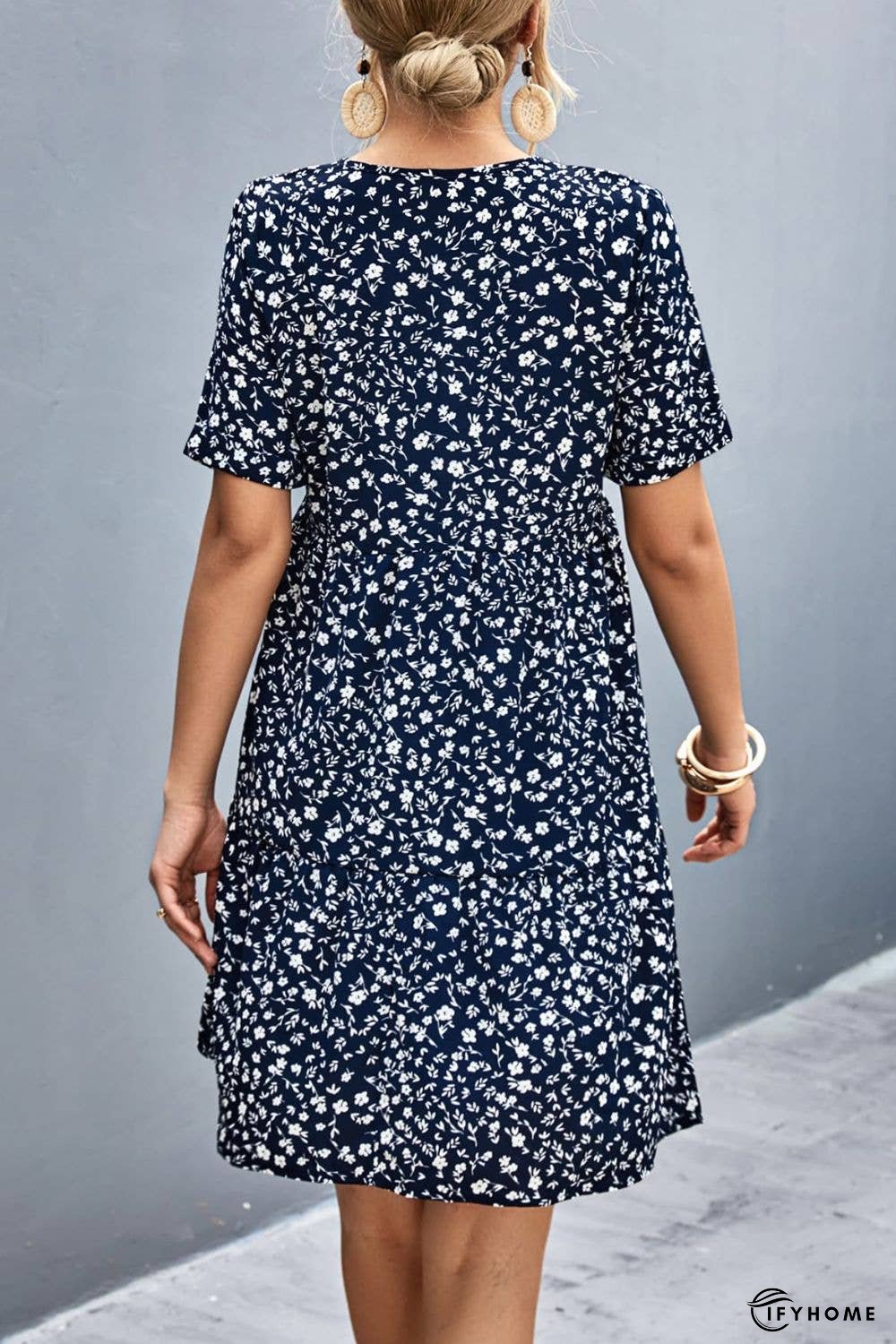 Ditsy Floral Empire Waist Plunge Short Sleeve Dress | IFYHOME