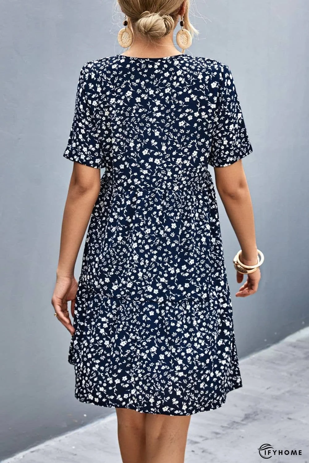 Ditsy Floral Empire Waist Plunge Short Sleeve Dress | IFYHOME