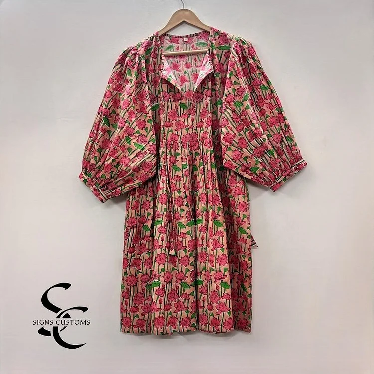 Green & Blue Floral Block Print Soft Cotton Summer Woman Midi Dress &ndash; Tunic for Women with String Closure