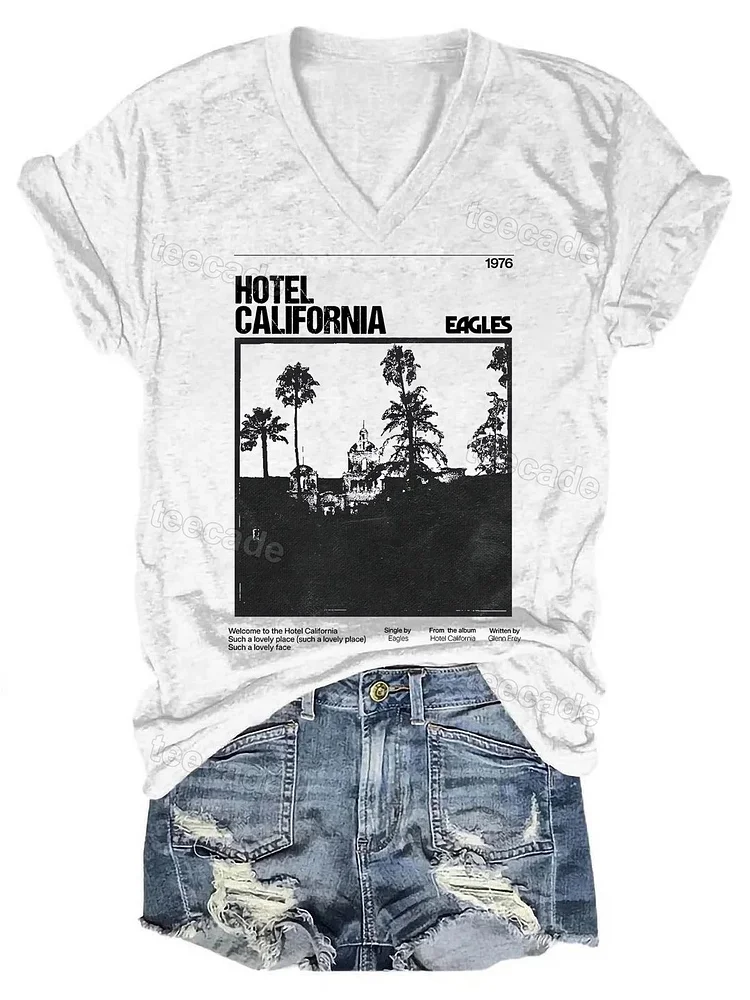 Teecade Teecade Eagles Band Hotel California Poster V-neck T-shirt