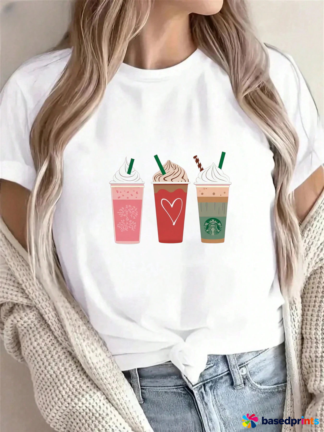 White Short Sleeve T-Shirt with Coffee Print