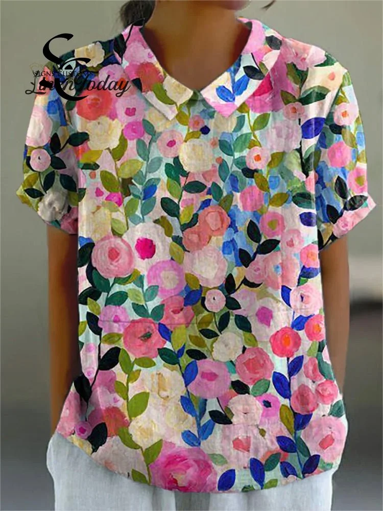 Women's Colorful Spring Floral Garden Printed Casual Cotton And Linen Shirt