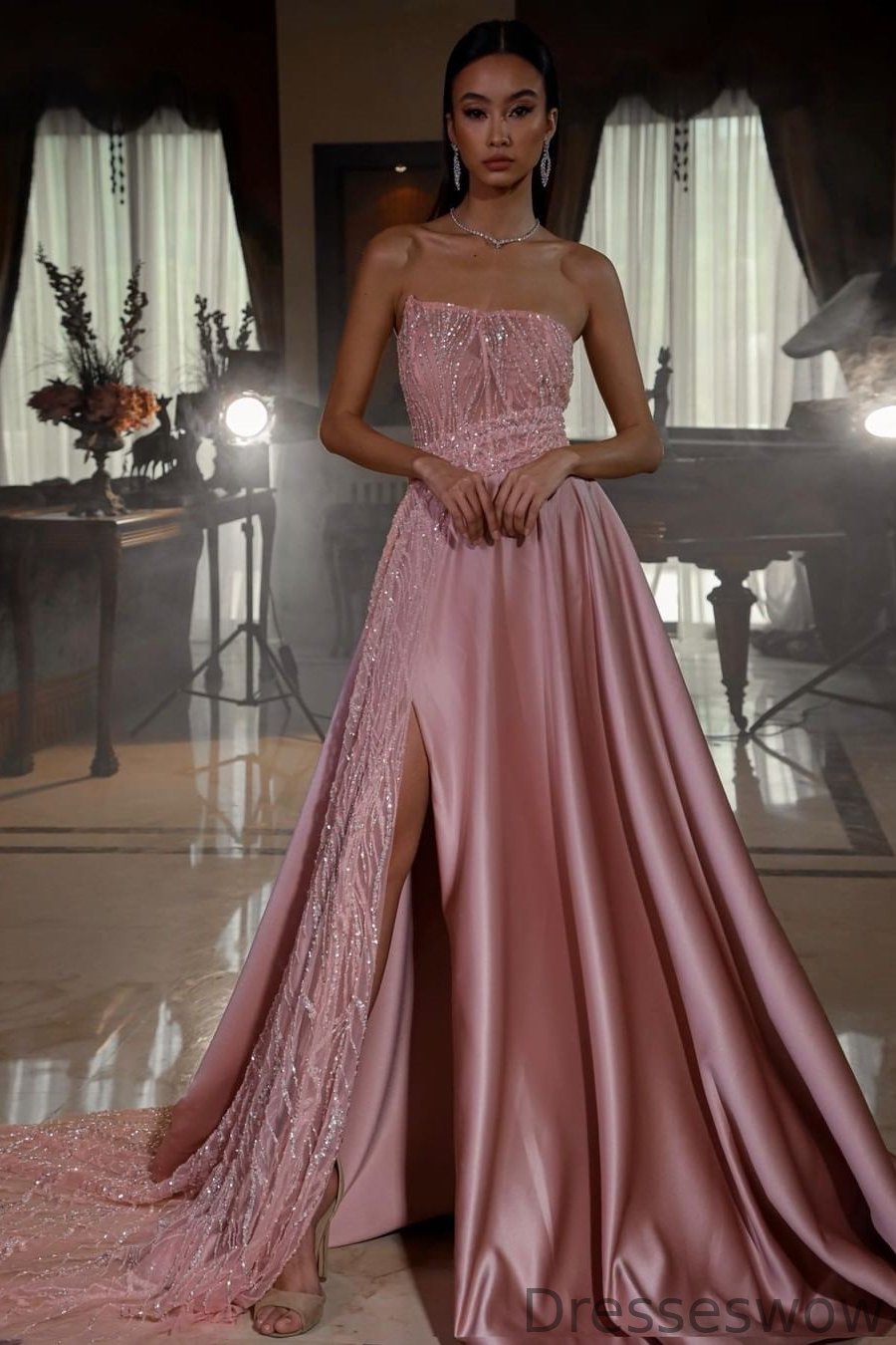 Dresseswow Pink Sequins Evening Dress Long Slit Sleevless Online