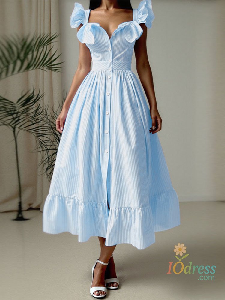 IO Dress Shop 2025 Summer Women Dress Vintage Striped Print Sexy Ruffled Sleeveless Robe Swing Midi Vestido Buttons Beach Holiday Dress IO Dress