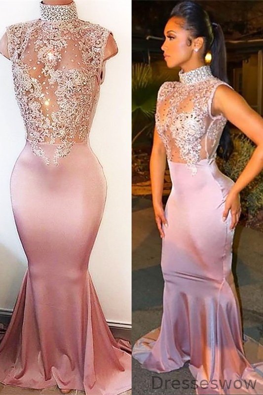 Dresseswow Dusty Pink High Neck Mermaid Prom Dress Sleeveless With Appliques