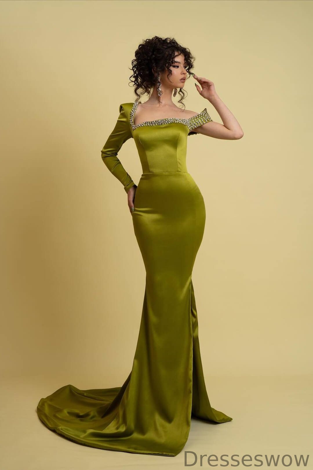Dresseswow Grass Green Long Sleeve Mermaid Party Prom Dresses With Beads