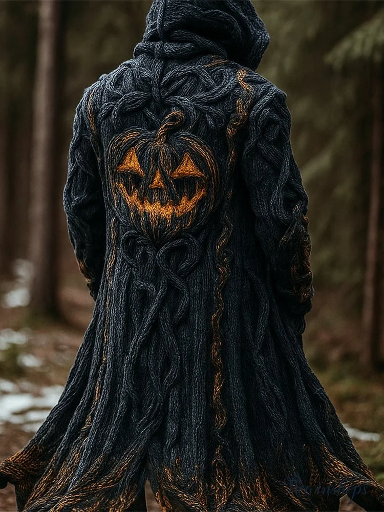 Halloween Pumpkin Emoji Men's Chunky Knit Hooded Long Cardigan
