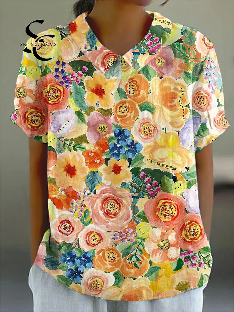 Women's Colorful Beautiful Floral Painting Art Print Casual Cotton And Linen Shirt