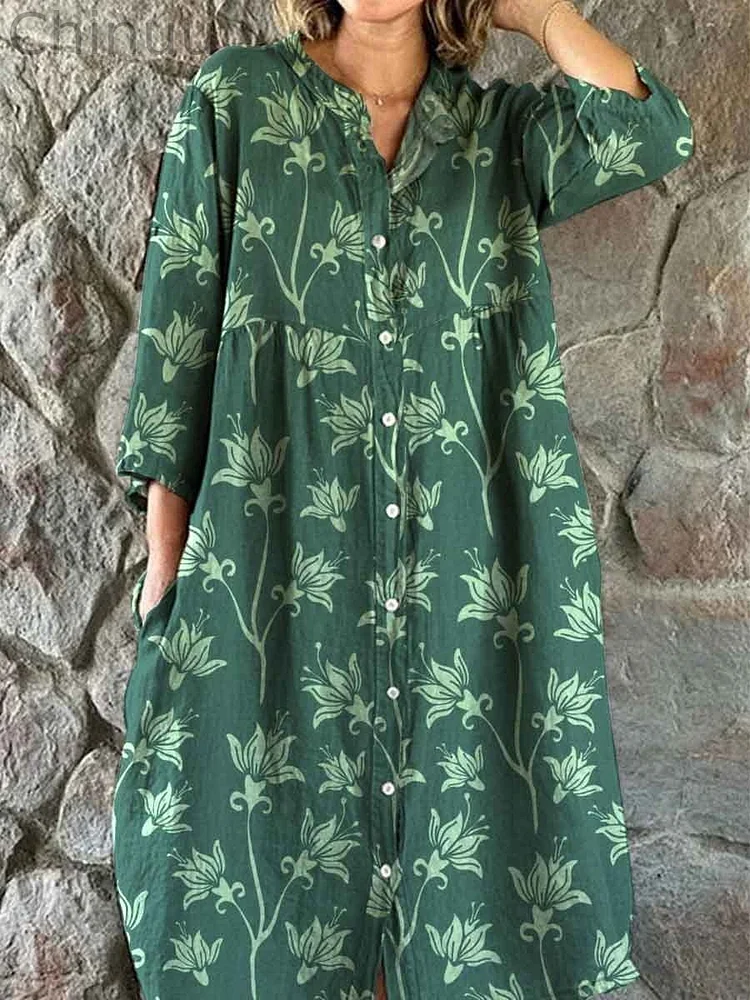 Women's Shirt Style Elegant Simple Floral Pattern Cotton And Linen Dress With Pockets