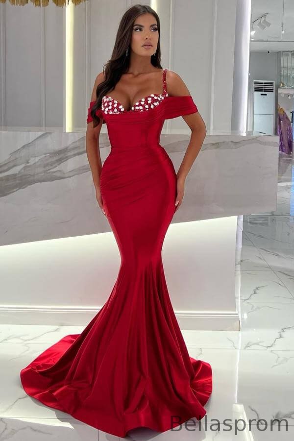 Bellasprom Red Spaghetti-Straps Off-the-shoulder Mermaid Prom Dress With Beads Bellasprom