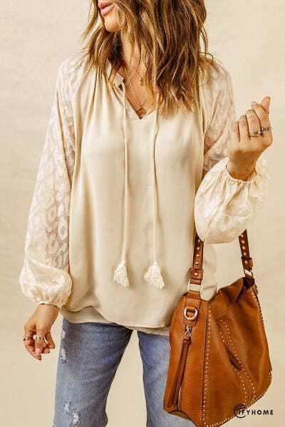 Leopard Tie Neck Balloon Sleeve Blouse | IFYHOME