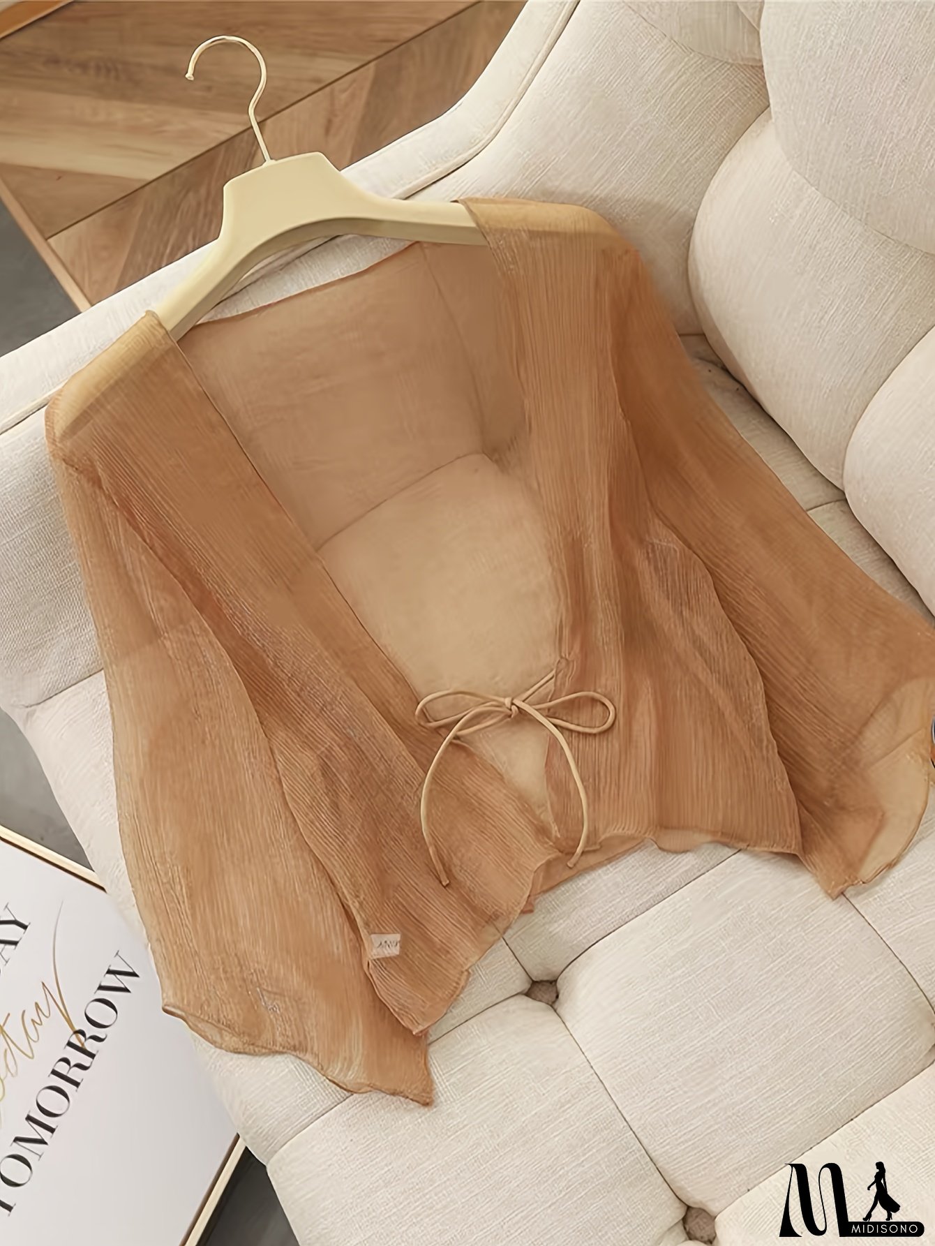 Liba Sin Women‘s Chiffon Cardigan - Lightweight, V-Neck, Short Sleeve, Lace-Up Detail, Loose Fit Summer Beach Cover-Up, Solid Color, Long Sleeve Shirt, Adult Clothing