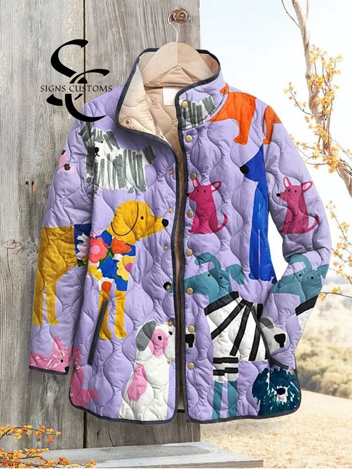 Quilted Cardigan with Dog-Inspired Prints for Women