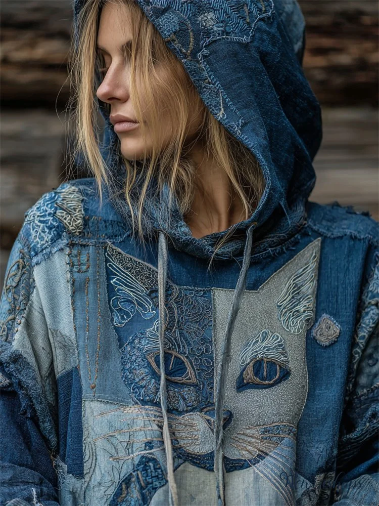 Vintage Cat Face Floral Fiber Art Patchwork Hoodie