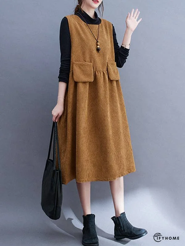 Artistic Retro Loose Sleeveless Solid Color Round-Neck Midi Dresses | IFYHOME