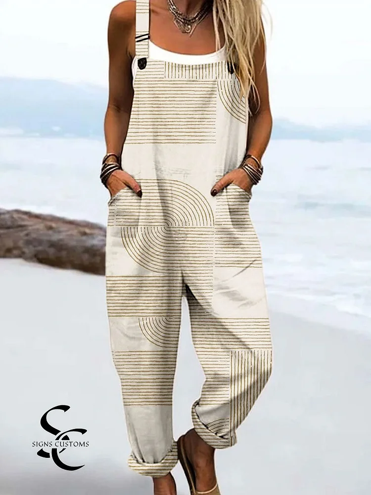 Women's Vintage Abstract Geometric Lines Print Casual 100% Cotton Wide Leg Jumpsuit