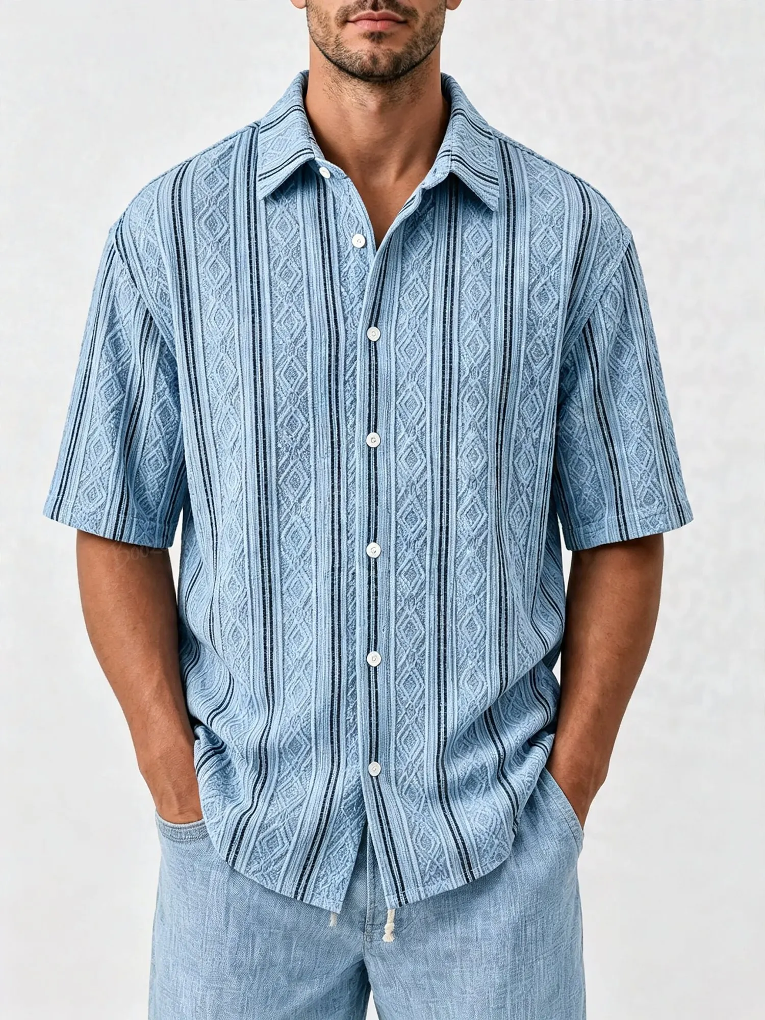 Men's Casual Textured Breathable Collared Short-Sleeve Shirt